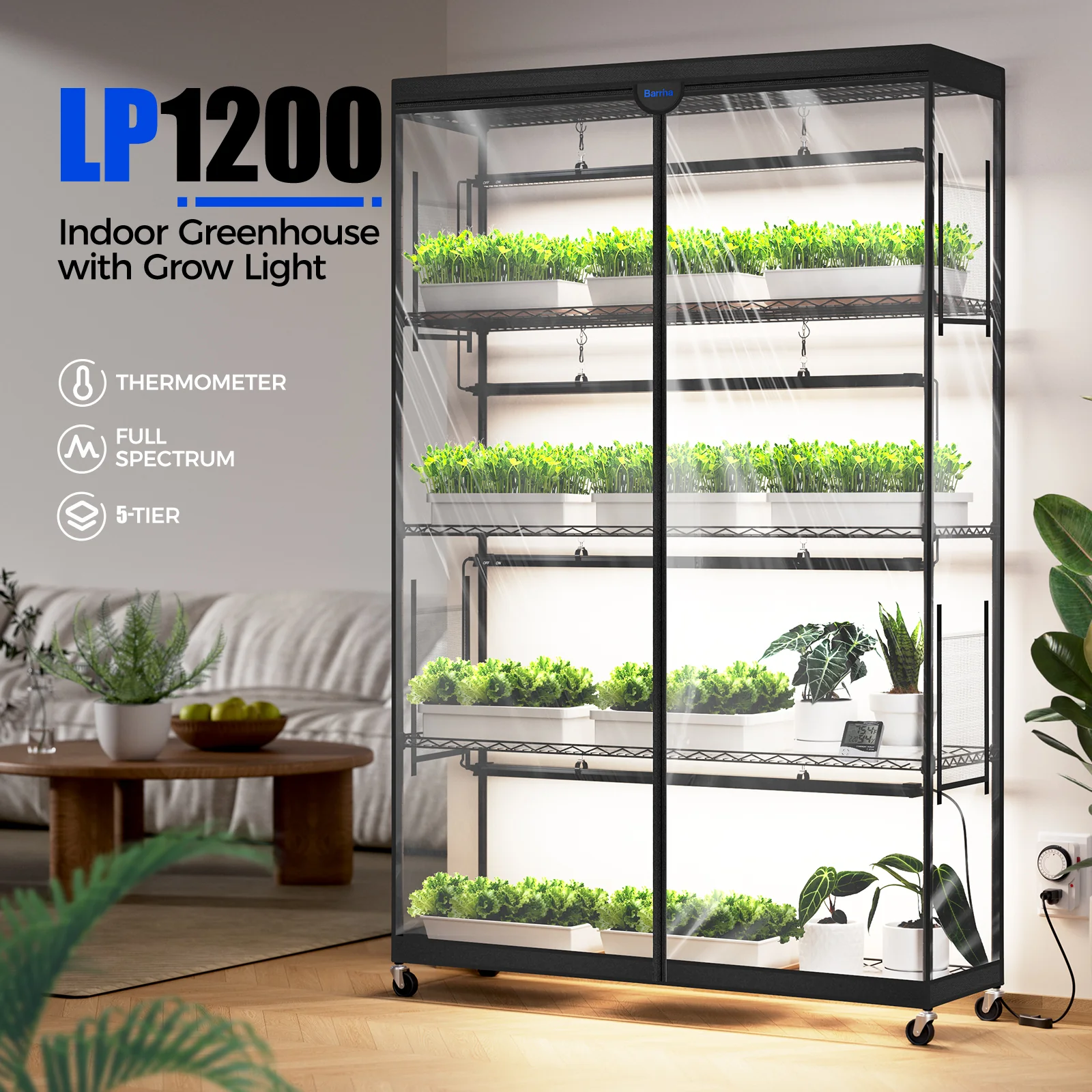 Barrina LP1200 Greenhouse with 4-Pack 50W TX-S50 Grow Lights 3.2FT 5000K | Full Spectrum, Tent, Thermo-Hygrometer & Timer | LP1200 - Image 2