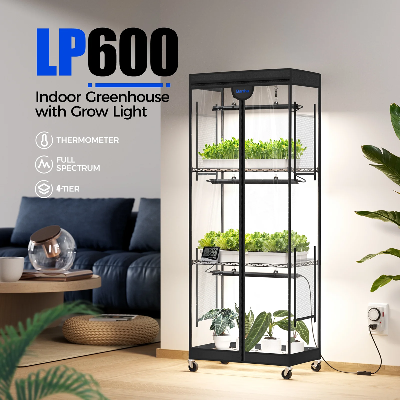 Barrina LP600 Greenhouse with 3-Pack 25W TX-S25 Grow Lights 1.6FT 5000K | Full Spectrum, Tent, Thermo-Hygrometer & Timer | LP600 - Image 2