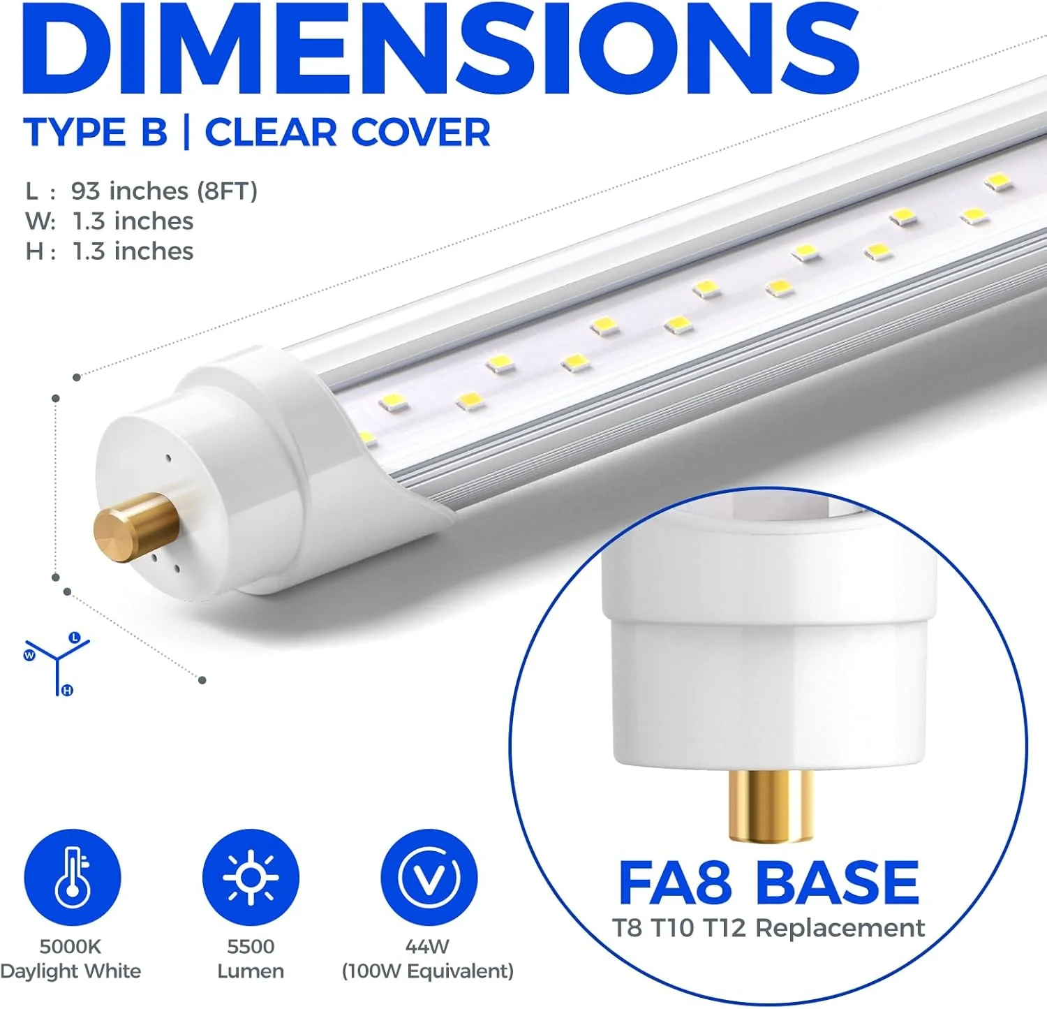 Barrina T8 44W LED Tube Lights 8FT 5000K 5000LM | FA8 Base, Fluorescent Tubes Replacement & Clear Cover | TBX44 - Image 5