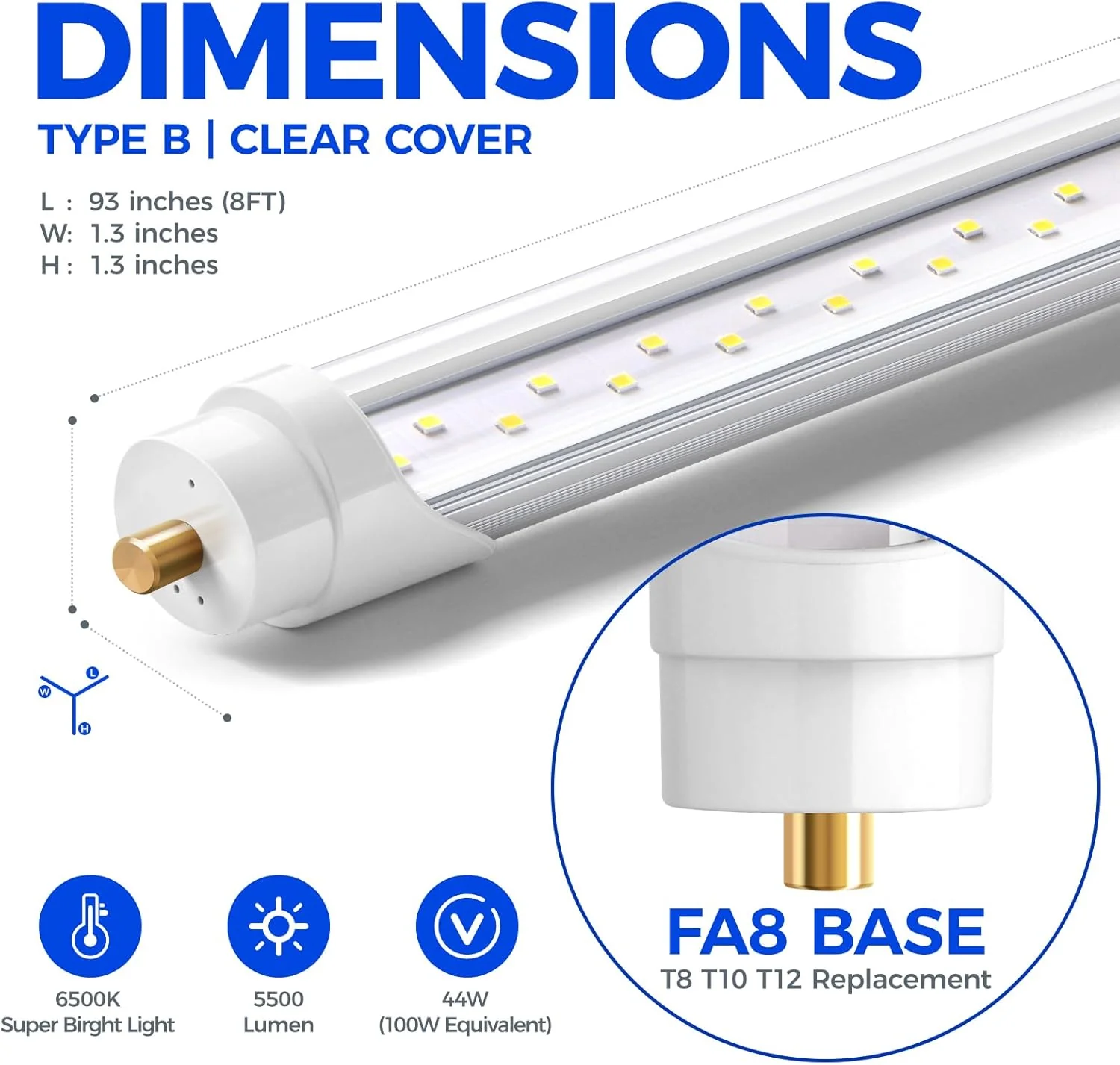 Barrina T8 44W LED Tube Lights 8FT 6500K 5000LM | FA8 Base, Fluorescent Tubes Replacement & Clear Cover | TBX44 - Image 5